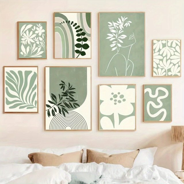Potdemiel Rahmenloser Leinwanddruck mit abstrakten botanischen Blättern und Blumen in Grün im Boho-Stil - Bild 1