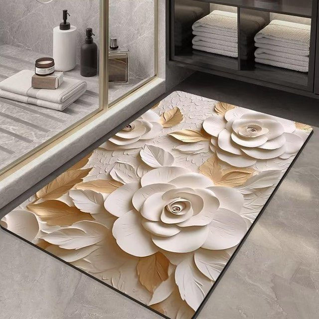 Saugfähige Kieselgurmatte mit Blumenmuster von Yiran Furniture, rutschfeste Fußmatte in Weiß, B/B: 40 x 60 cm - Bild 1