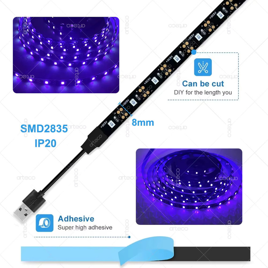 Arteco UV-LED-Lichtstreifen Flexibles LED-Band in Violett mit 395-405nm Wellenlänge, 2835 SMD Technologie, DC5V USB-Anschluss für Party und Raumdekoration - Bild 3