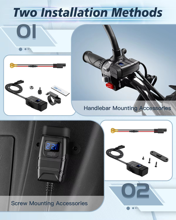 Anchtek Motorrad USB-Ladegerät QC3.0 mit Voltmeter, wasserdichter 12V Steckdosenadapter für Lenker, USB-A und USB-C, Schwarz/Blau - Bild 3
