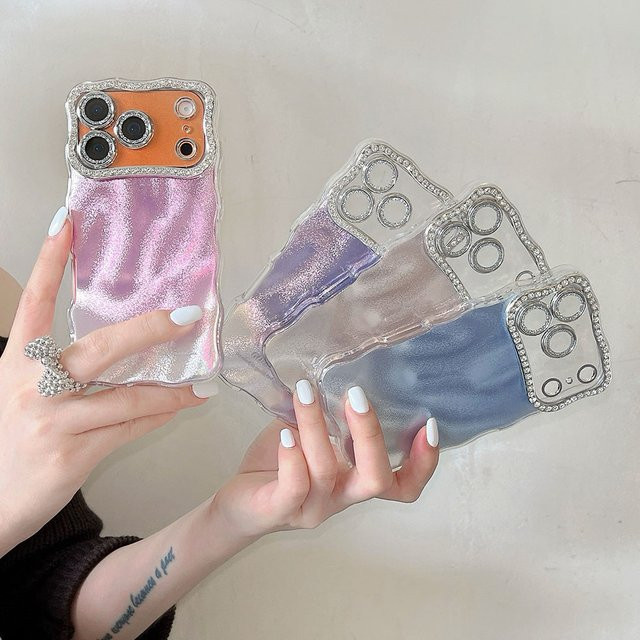YuexTi Laser-Gradienten Wasser-Wellen Schutzhülle für iPhone 17 16 15 14 13 Pro Max Plus in Purple mit Bling Diamond Design und Kameraschutz - Bild 1