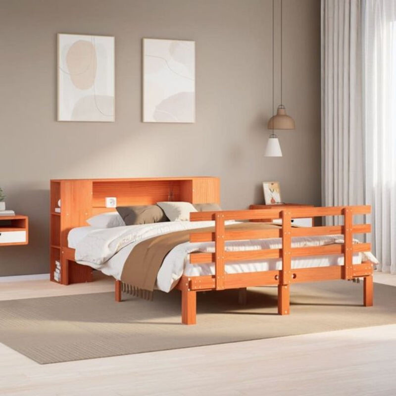 Massivholzbett aus Kiefer mit Regal von Vidaxl in Braun, B/T/H: 140 x 190 x 82 cm - Bild 1