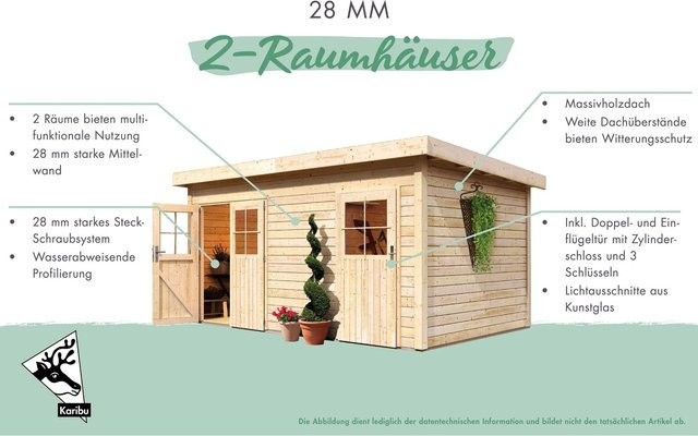 Karibu Holz-Gartenhaus Skanderborg aus Fichtenholz mit Mittelwand, Massivholzboden und Flachdach, Farbe: Natur/Braun, B/T: 360 x 360 cm - Bild 1