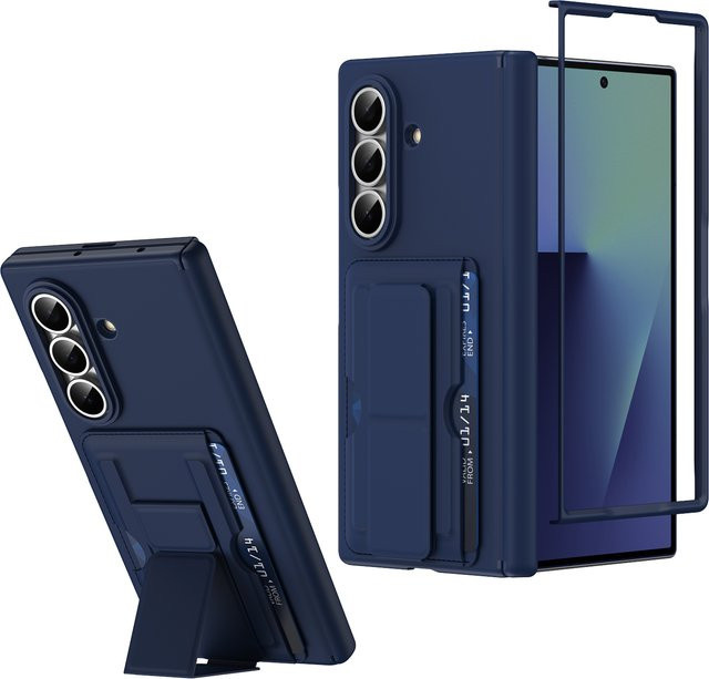 Multifunktionale Samsung Galaxy Z Fold 7 6 5 Handyhülle mit Kartenfach, Scharnier-Schutz und Displayschutzfolie, stoßfest, Grau oder Blau - Bild 1