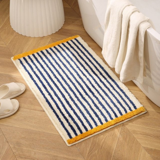 VIKAMA Minimalistischer Teppich im koreanischen Stil mit Gittermuster in Blau, weich, rutschfest und schmutzabweisend für Badezimmer und Eingangsbereich - Bild 1