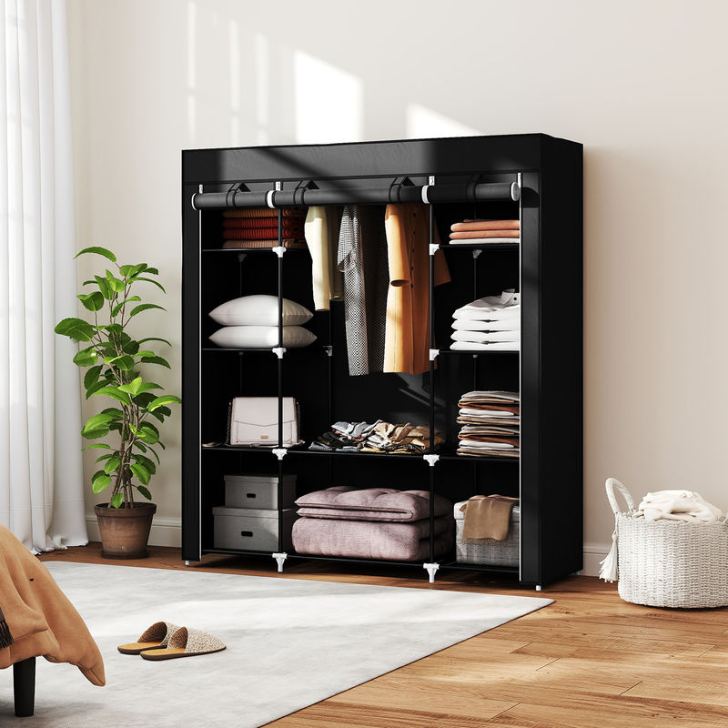 HOMCOM Stoffschrank Schwarz mit 1 Kleiderstange und 10 Einlegeböden aus Vliesstoff und Stahl, B/H/T: 150 x 162,5 x 43 cm - Bild 2