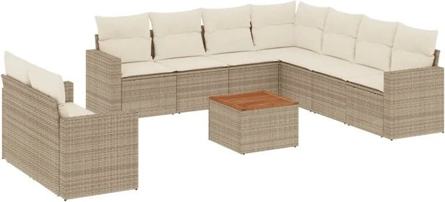 vidaXL 10-teilige Garten-Sofagarnitur aus Poly-Rattan und Akazienholz in Beige-Creme mit Kissen - Bild 1
