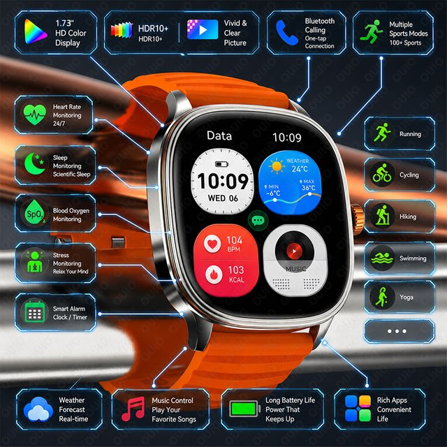 Yaocx Smartwatch für Herren in Orange mit NFC, Bluetooth-Anrufen, IP68 Wasserdichtigkeit, Herzfrequenz- und Schlafüberwachung sowie über 100 Sportmodi - Bild 1