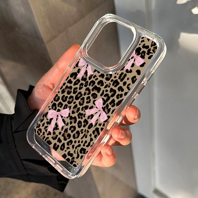 DecoPhone Transparente TPU-Handyhülle mit Schleife und Leopardenmuster für iPhone 11 bis iPhone 17 Pro Max Plus-Serie, Multicolour - Bild 1