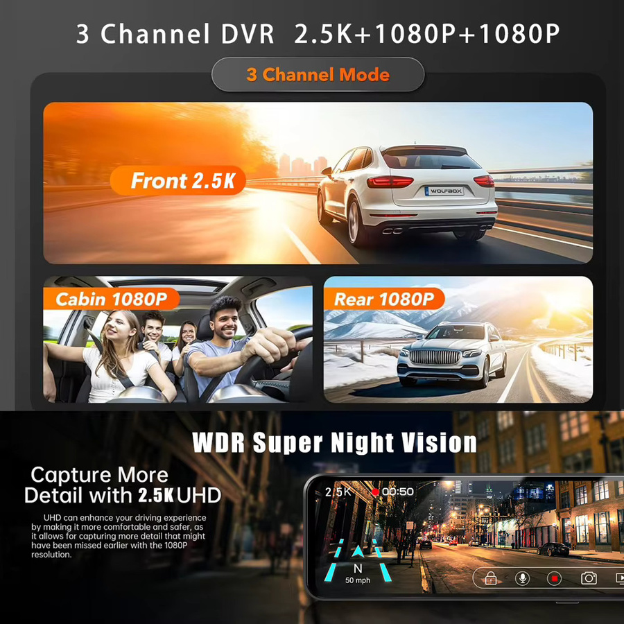 3-Kanal Dash Cam mit WLAN und GPS, 1080p Full HD Rückspiegel Dashcam mit Innenkamera, Schwarz - Bild 3