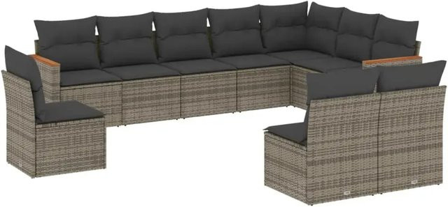 vidaXL 10-tlg. Garten-Sofagarnitur in L-Form aus Poly Rattan und Metall mit Kissen in Grau - Bild 1