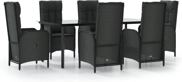 vidaXL 7-teilige Garten-Essgruppe aus Poly Rattan in Schwarz mit Kissen und Tisch aus gehärtetem Glas - Bild 1