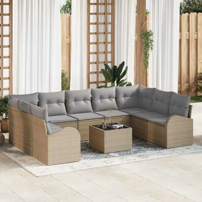 vidaxl Garten-Sofa-Set aus Poly-Rattan mit 10-teiligem Kissen-Set in Beige und Hellgrau, modulares Loungemöbel-Set - Bild 1