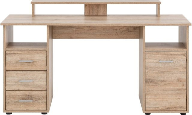 PROREGAL Schreibtisch Fox Large in Eiche mit 3 Schubladen, 2 offenen Fächern, 1 Fach mit Flügeltür und Monitorständer, H x B x T: 86 x 150 x 70 cm - Bild 1