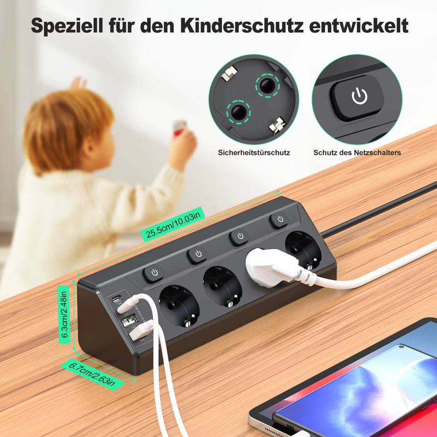 HITRENDS 4-Wege-Steckdosenleiste mit Überspannungsschutz in Schwarz, inklusive 2 USB-A und 2 USB-C Anschlüssen sowie unabhängigen Schaltern - Bild 4