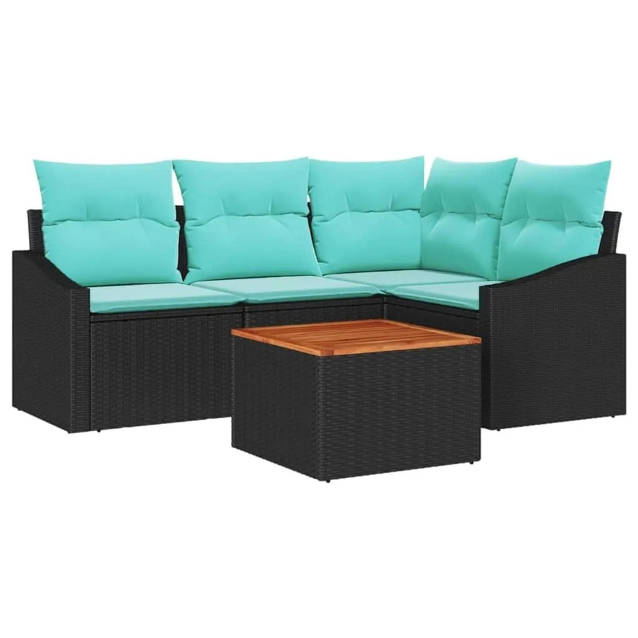 vidaXL Gartensofa-Set 5-tlg. aus Poly-Rattan und Akazienholz in Schwarz mit Kissen und Tisch - Bild 2