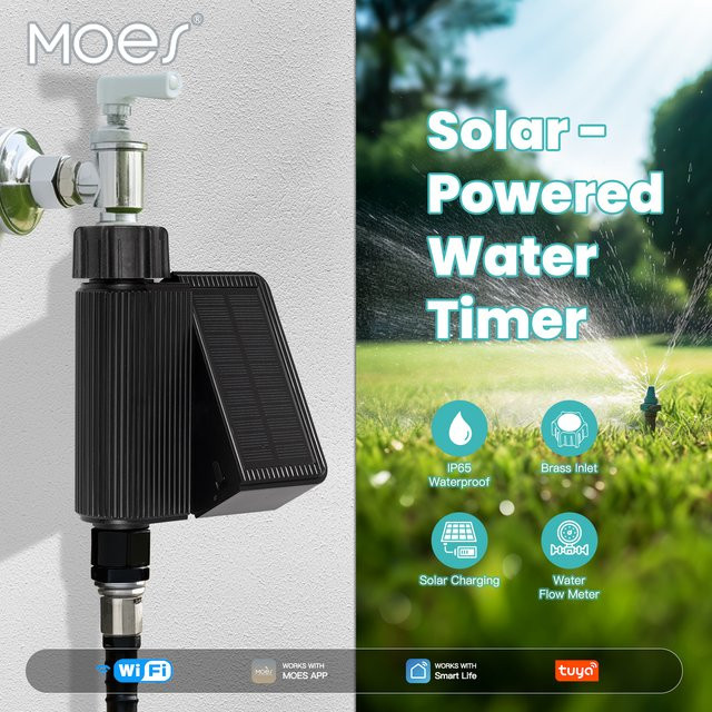 MOES Tuya Smart WiFi Solar Wasser Timer mit Messing-Einlass und IP65 wasserdichtem Gehäuse inklusive Boden-Temperatur- und Feuchtigkeitssensor in Schwarz - Bild 1