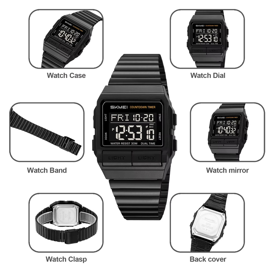 SKMEI Armbanduhr Digital, Quarz, Edelstahl, Silikon, Schwarz, Unisex - Bild 3