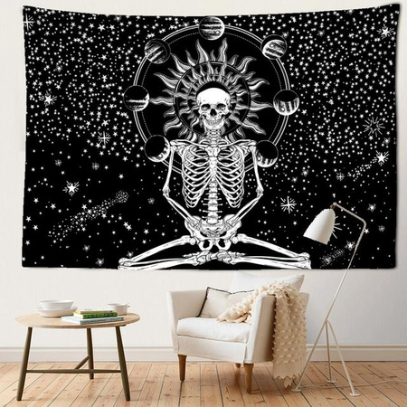 Planet Schädel Wandteppich Super Six in Grau und Schwarz, Psychedelic Boho Wanddeko mit abstrakten Grafiken, Breite: 95 cm, Höhe: 70 cm