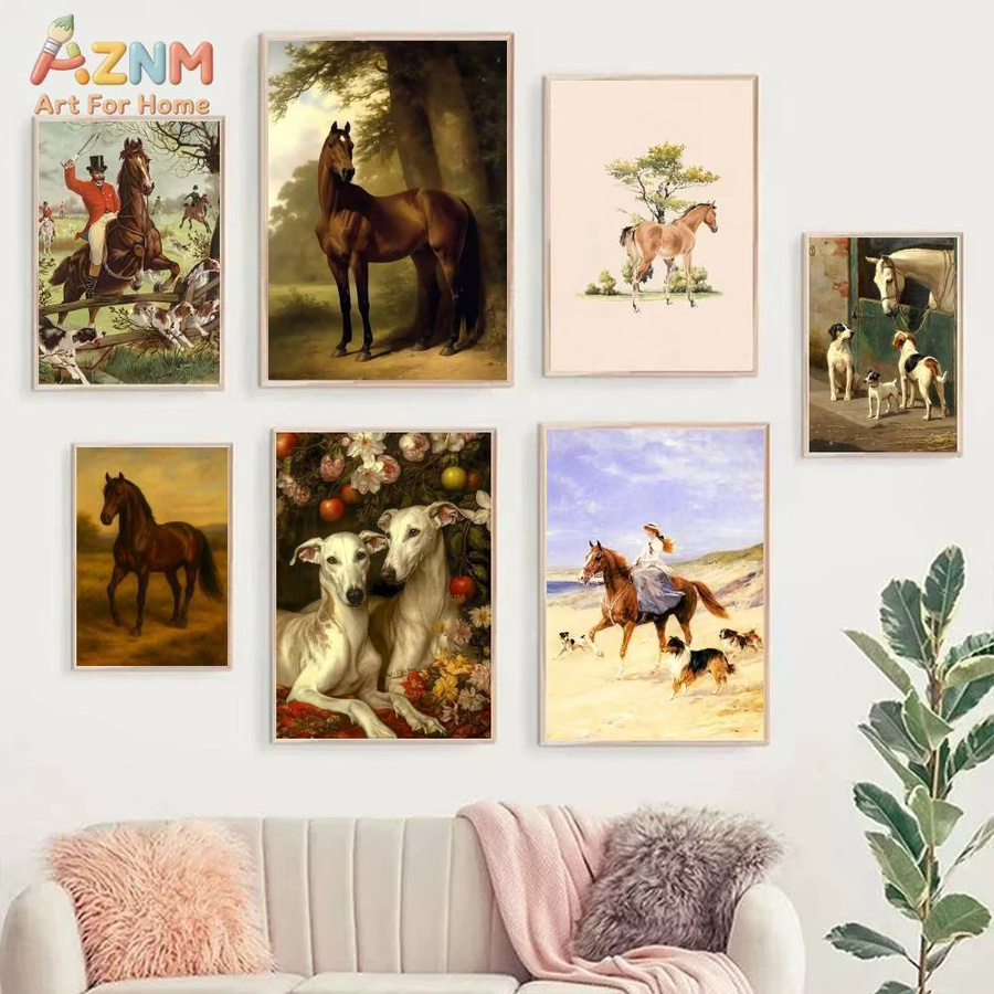 AZNM Vintage Leinwand-Wandkunst mit Reitsport- und Jagdmotiv, ungerahmtes Tierdruck-Gemälde in Multicolour - Bild 3