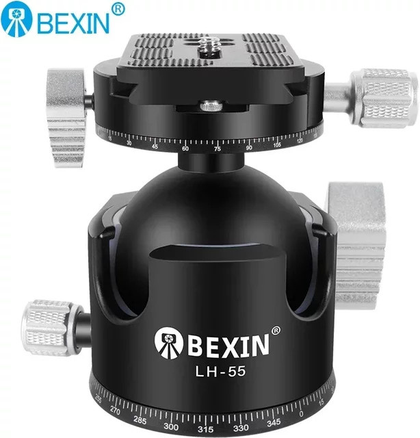 BEXIN Stativ-Kugelkopf in Schwarz mit extrem niedrigem Profil, doppelter U-Kerbe und Dämpfungseinstellung, Höhe: 55 mm bis 28 mm - Bild 1
