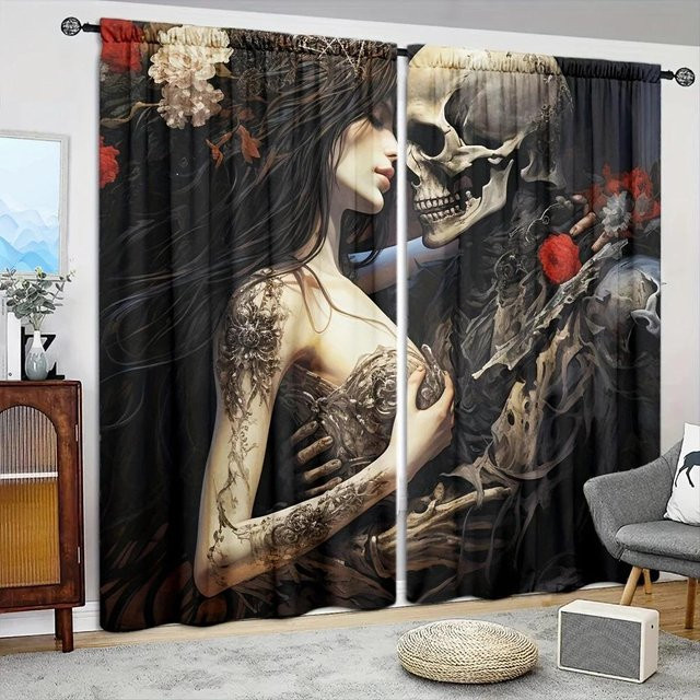 2er-Set Skelett Kunst Vorhänge in Grau mit Grafikprint für Heimdeko, B: 52,5 cm, H: 116 cm - Bild 1