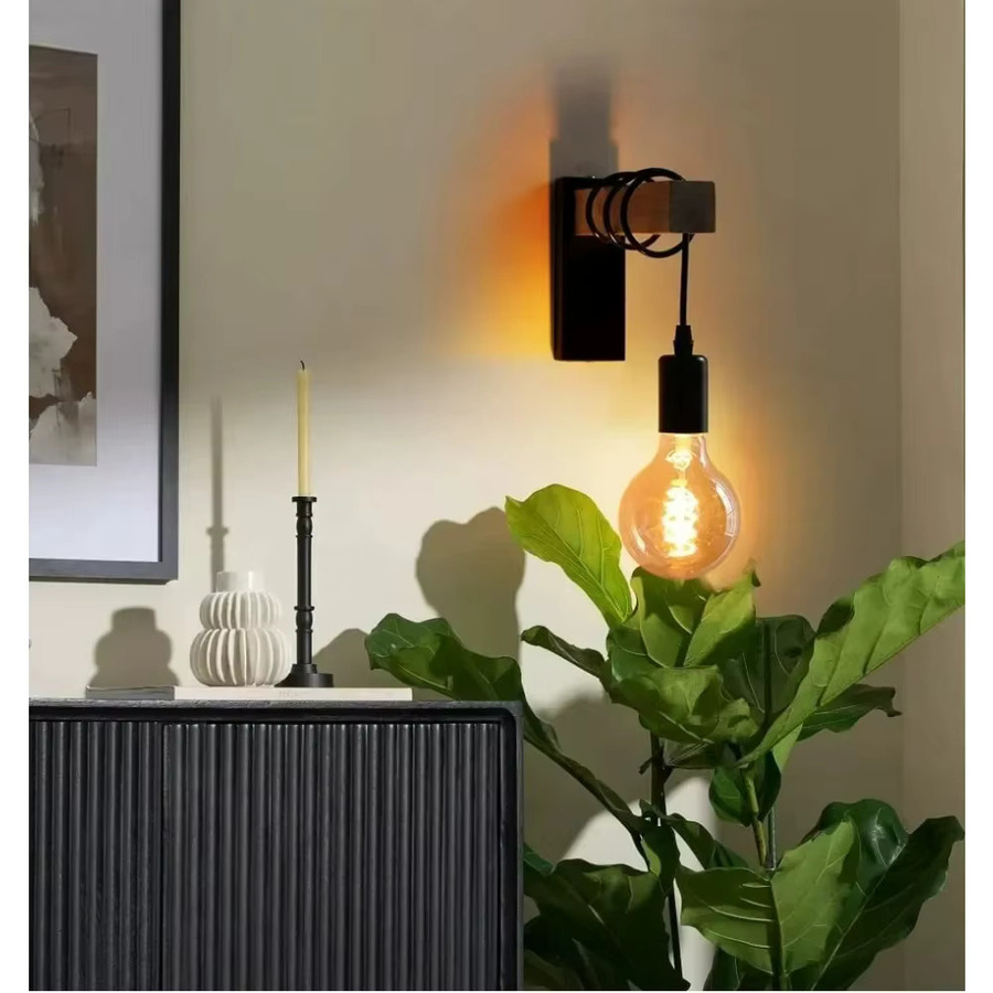 JOYINLED Retro Wandleuchte aus Holz im Industriestil mit E27 Fassung, Schwarz, Warmweißes Licht - Bild 3