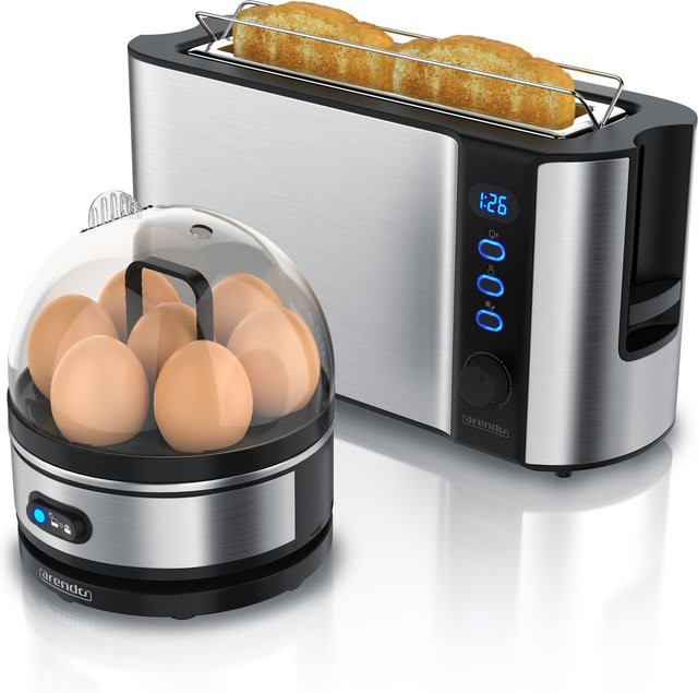 Arendo 2-teiliges Frühstücksset mit 1000W Langschlitz Toaster und Eierkocher in Silber aus Edelstahl - Bild 1