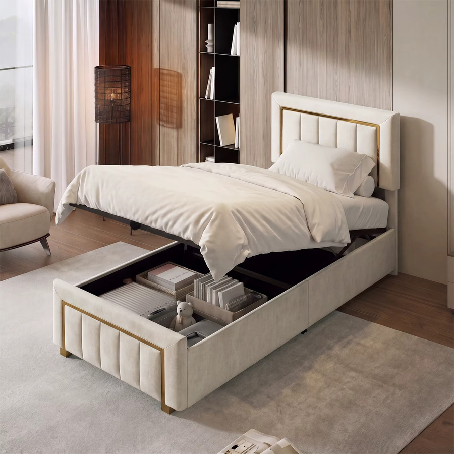 FEEOHOME Polsterbett mit Stauraum in Cremeweiß und Gold, Einzelbett aus Samt mit höhenverstellbarem Kopfteil und Gasdruckfeder, B/T: 90 x 200 cm - Bild 5