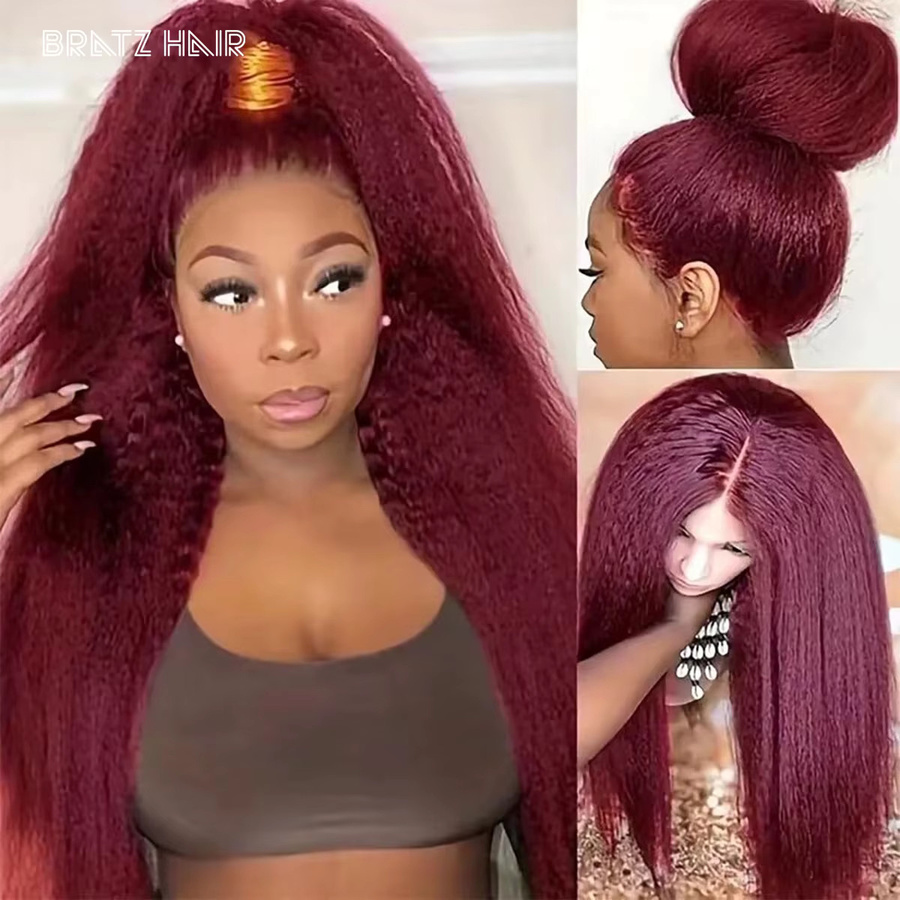 Burgunderrote Echthaar-Perücke, Yaki-gerade, transparente Spitze-Frontal-Perücke, Unisex - Bild 1