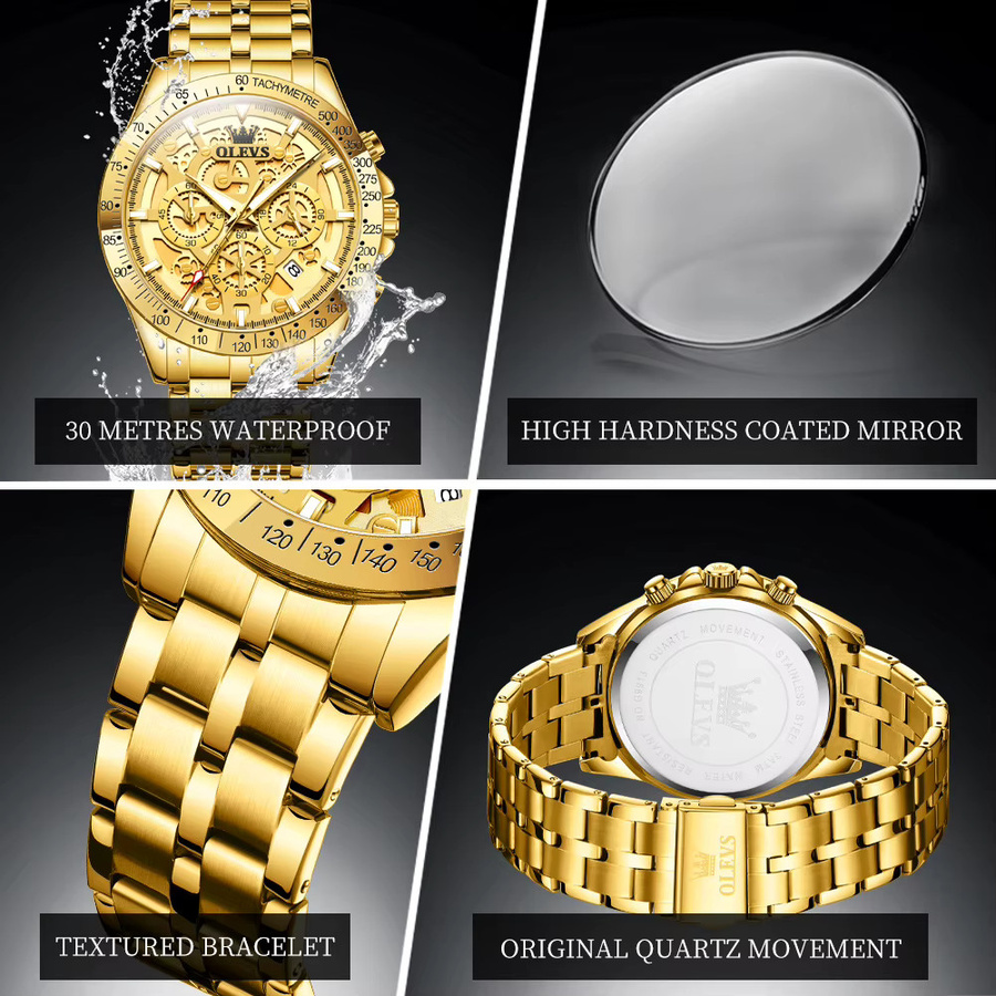 OLEVS Armbanduhr Chronograph, Edelstahl, Gold, Quarz, Herren - Bild 6