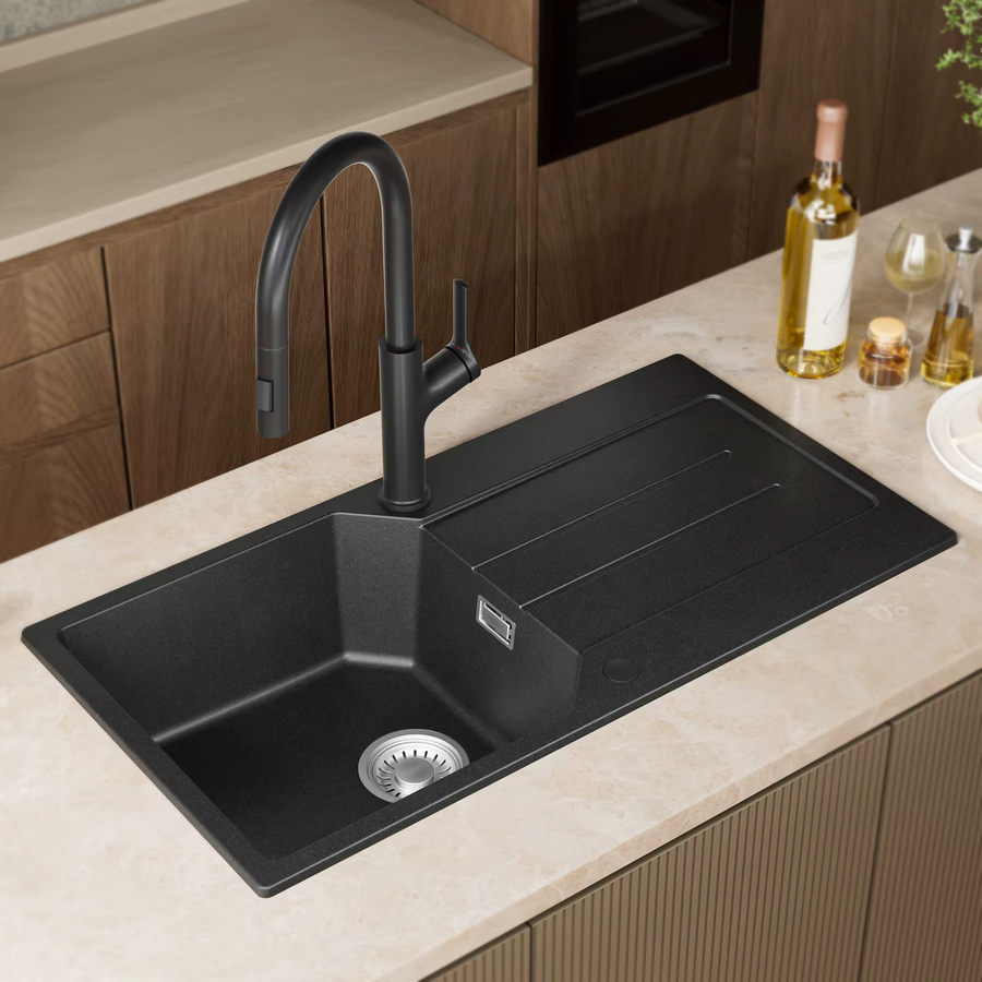 CECIPA max Einbau-Küchenspülbecken aus Granit-Verbundwerkstoff in Schwarz, Einzelspülbecken mit großem Trog, Breite: 86 cm, Tiefe: 45 cm - Bild 2
