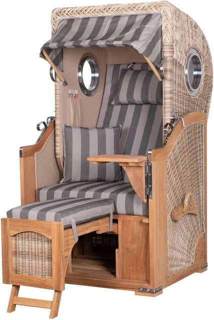 Bene Living Strandkorb Komplettset Ammersee Single Teak Bullauge PE Shell Modell 537 mit Liftersystem, Schutzhülle, Doppelrollen und Glasbecherhalter - Bild 1