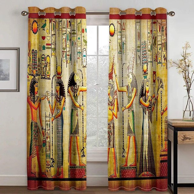 A Family Of Home Textiles Vorhang-Set mit ägyptischer Schrift in Stein-Optik, 2er-Set halbtransparent, Breite: 75 cm, Höhe: 166 cm - Bild 1