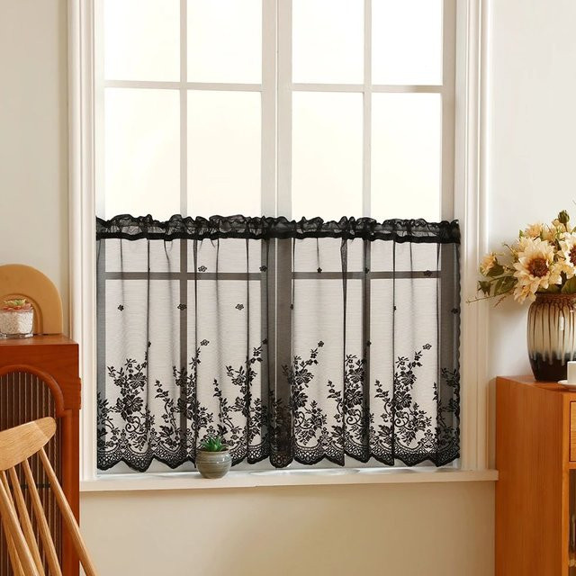 Kurzer Vorhang aus schwarzer Spitze mit Blumenmuster und Tüll-Design für die Küche, Breite: 90 cm, Höhe: 100 cm - Bild 1