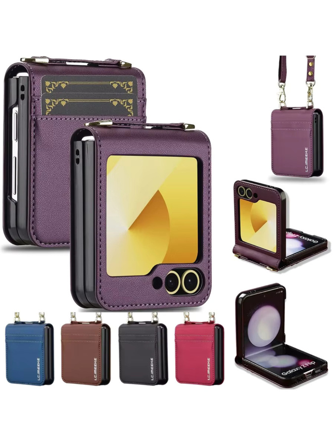 Leder Crossbody-Kartenetui für Samsung Galaxy Z Flip 8 7 FE 6 5 4 3 5G mit Handschlaufe und Lanyard-Tasche in Braun und Lila - Bild 6