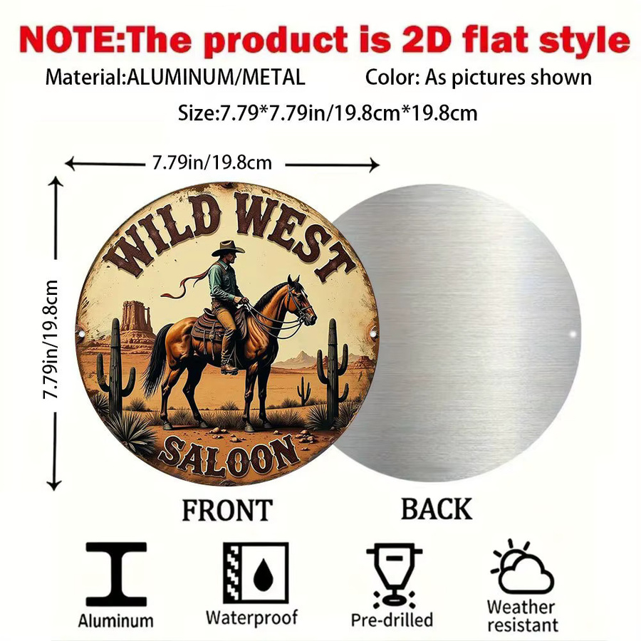 Rundes Wandkunstschild Wild West Saloon von Potdemiel – Rustikale Cowboy- und Pferdewüstenszene mit Kakteen aus Metall, Mehrfarbig, Durchmesser: 19,79 cm - Bild 5