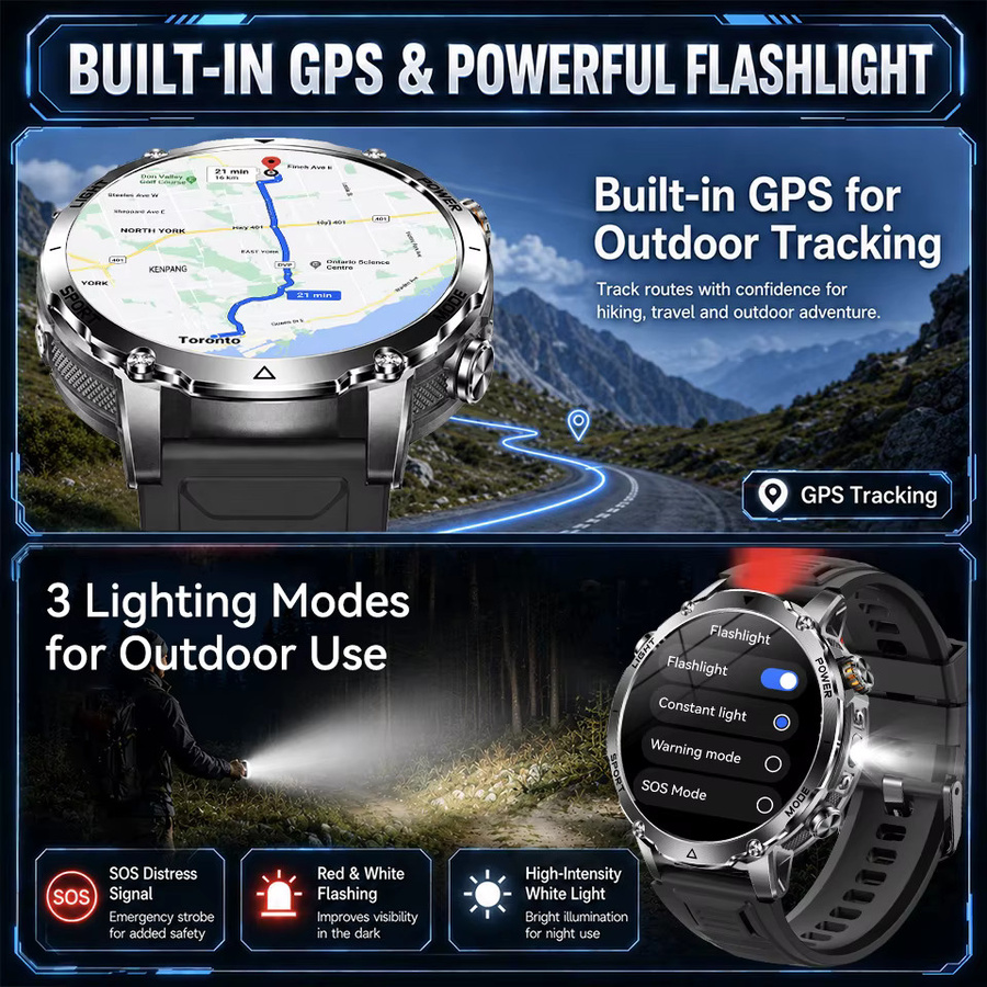 GUHUAVMI Smartwatch für Herren mit 1,7 Zoll HD-Display, 1400mAh Akku, Bluetooth-Anruffunktion, LED-Taschenlampe und IP68 Wasserdichtigkeit, Schwarz - Bild 3