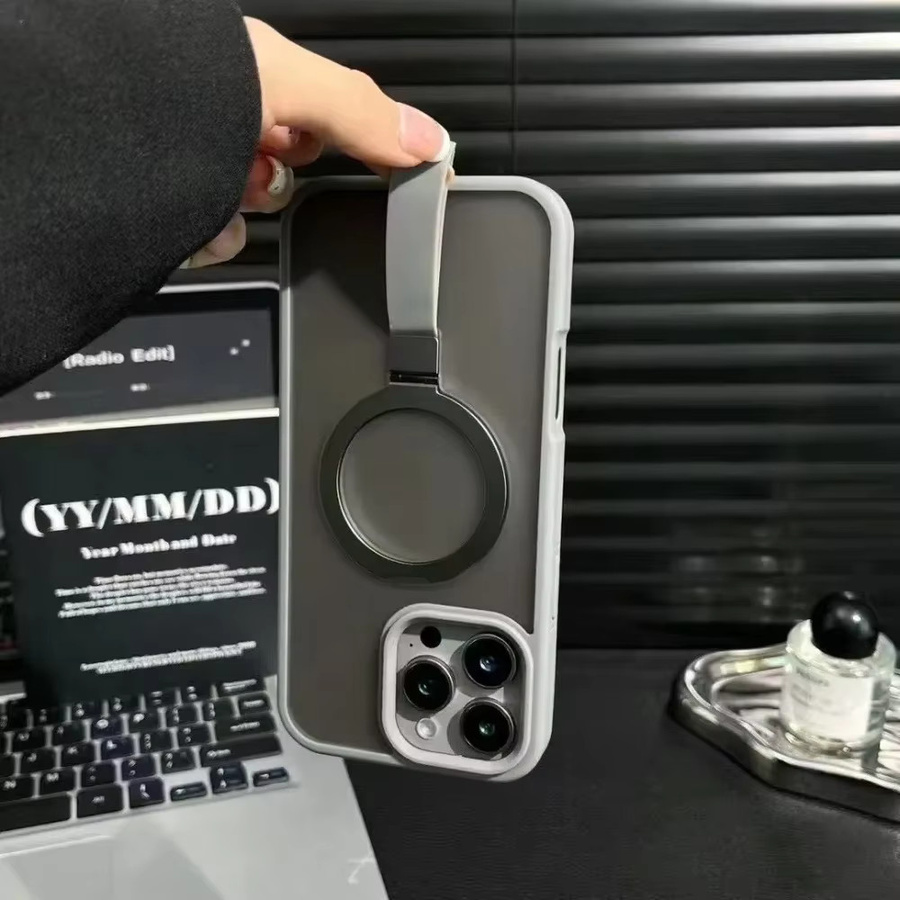 Matte Handgelenk-Schlaufe Schutzhülle mit MagSafe Magnetischer Halterung und Standfunktion für Apple iPhone 11 bis 17 Pro Max Plus, Grau - Bild 2