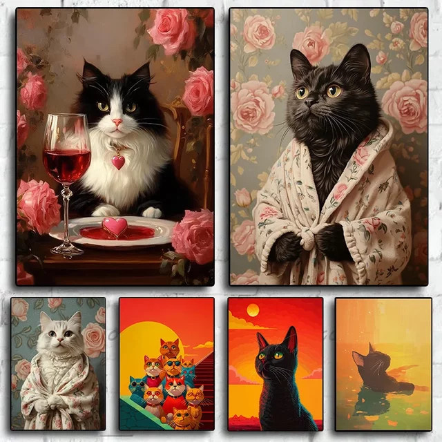 Potdemiel Wandkunst Poster Abstrakte Schwarze Katze im Smoking beim Schwimmen im Sonnenuntergang, Mehrfarbig - Bild 1