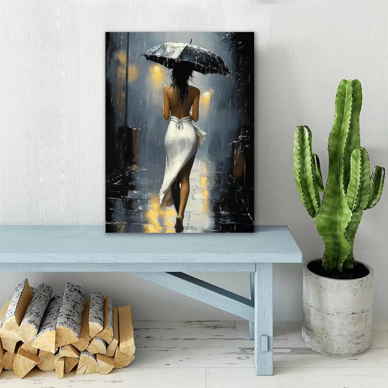Potdemiel Leinwandkunst Romantische Regennacht mit Rahmen, mehrfarbige Stadt-Straßenszene als Wanddekoration im Hochformat - Bild 3