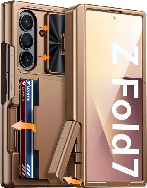 BANGZAO Handyhülle für Samsung Galaxy Z Fold 7 mit RFID-Kartenhalter, verstecktem Ständer und Kameraabdeckung, stoßfeste Silikon-Wallet-Hülle in Gold - Bild 1
