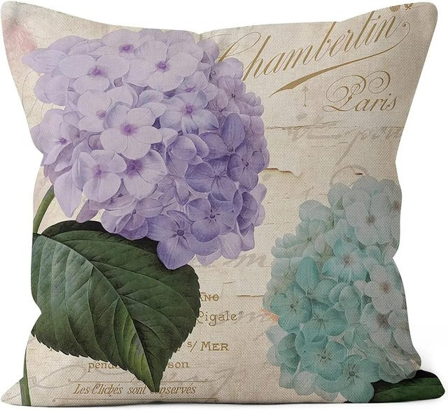 Vintage Kissenbezug aus Leinen mit lila Blumenmuster, B/B: 60 x 60 cm - Bild 1