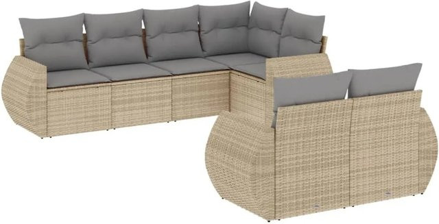 vidaXL 7-tlg Garten-Sofagarnitur in L-Form aus beige farbenem Poly-Rattan mit Kissen und Stauraum - Bild 1