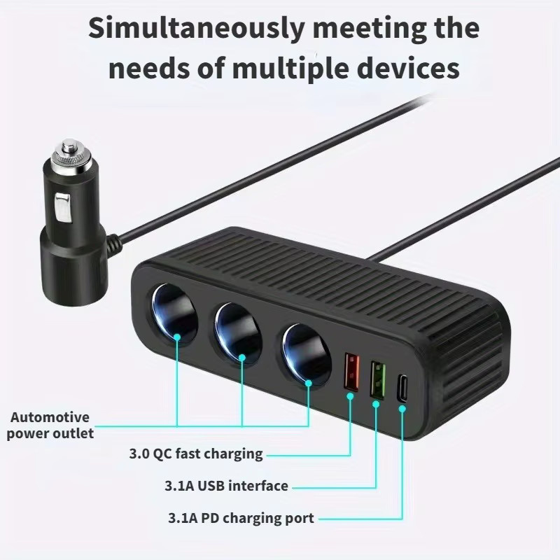 120W Auto-Ladegerät mit USB-C PD Schnellladung und 1-zu-4 Multifunktions-Buchse, Schwarz - Bild 3