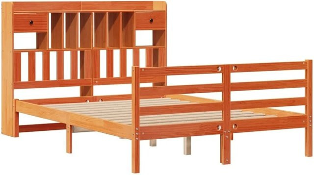 vidaXL Massivholzbett aus Kiefernholz mit Kopfteil und Regal in Wachsbraun, B/T/H: 150 x 200 cm - Bild 1