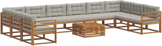 vidaXL Outdoor-Sofagarnitur aus Akazienholz in U-Form mit Kissen, 11-teiliges Set, Farbe: Natur und Grau - Bild 1