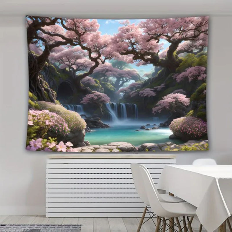 VIKAMA Wandteppich Kirschblüten und Wasserfall, Japanische Landschaft als Wanddekoration, mehrfarbig, B/H: 60 x 40 cm - Bild 1