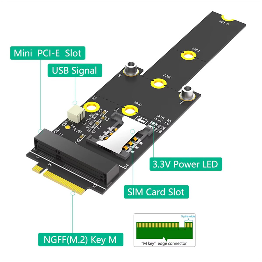 M.2 Key M zu Mini PCIe Adapter mit SIM-Kartensteckplatz für WiFi, WWAN, LTE, 3G, 4G und 5G Netzwerkmodule in Schwarz - Bild 2