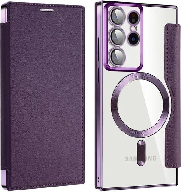 Magnetische Klappleder-Handyhülle mit Kartensteckplatz und kabellosem Laden für Samsung Galaxy S25 S24 S23 S22 Ultra FE Plus in Grau - Bild 1